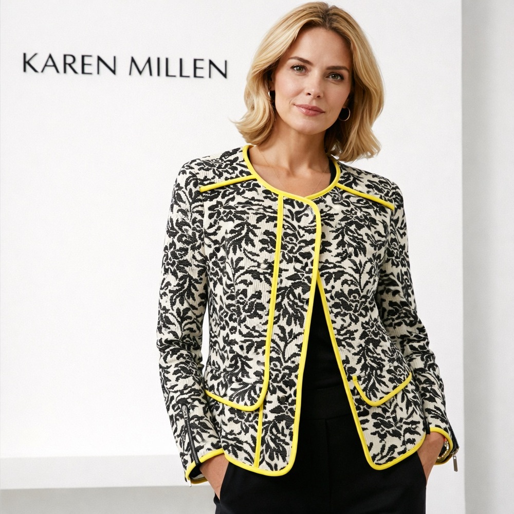 Karen Millen jacket women’s 8 abstract floral jacquard Black White Structured